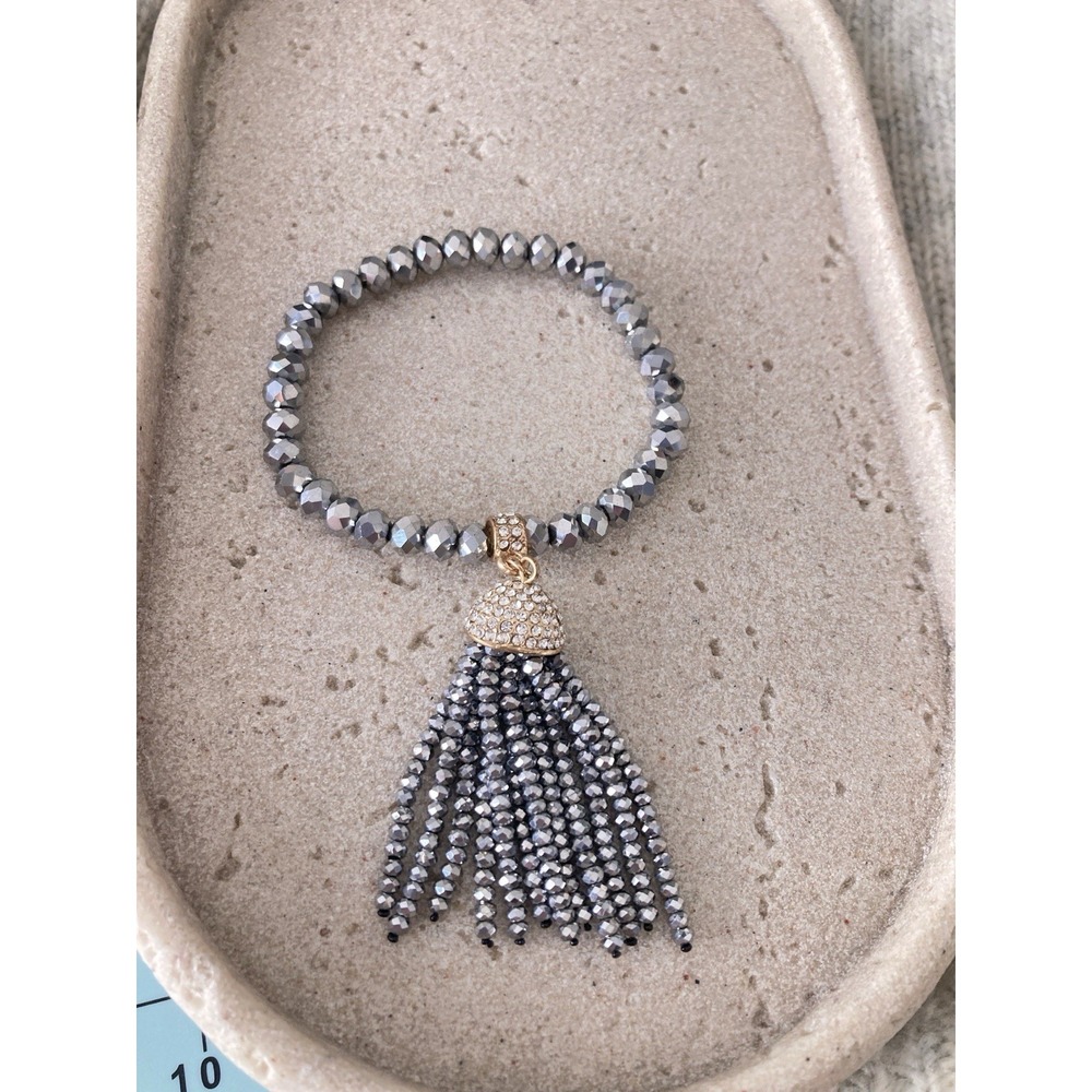 Gray Faceted Beaded Stretch Bracelet Rhinestone Tassel‎ Charm Gold Tone Accent